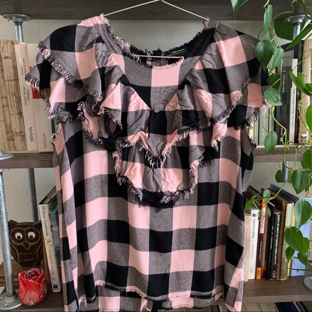 ZARA Pink Checked Ruffled Blouse - Picture 3 of 4